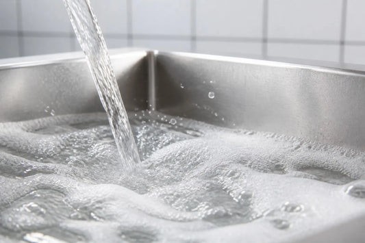 Warm water and soap suds rinsing over a stainless steel kitchen sink