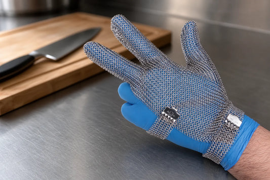 Three-finger stainless steel chainmail glove worn over a blue glove at a prep bench with a cutting board