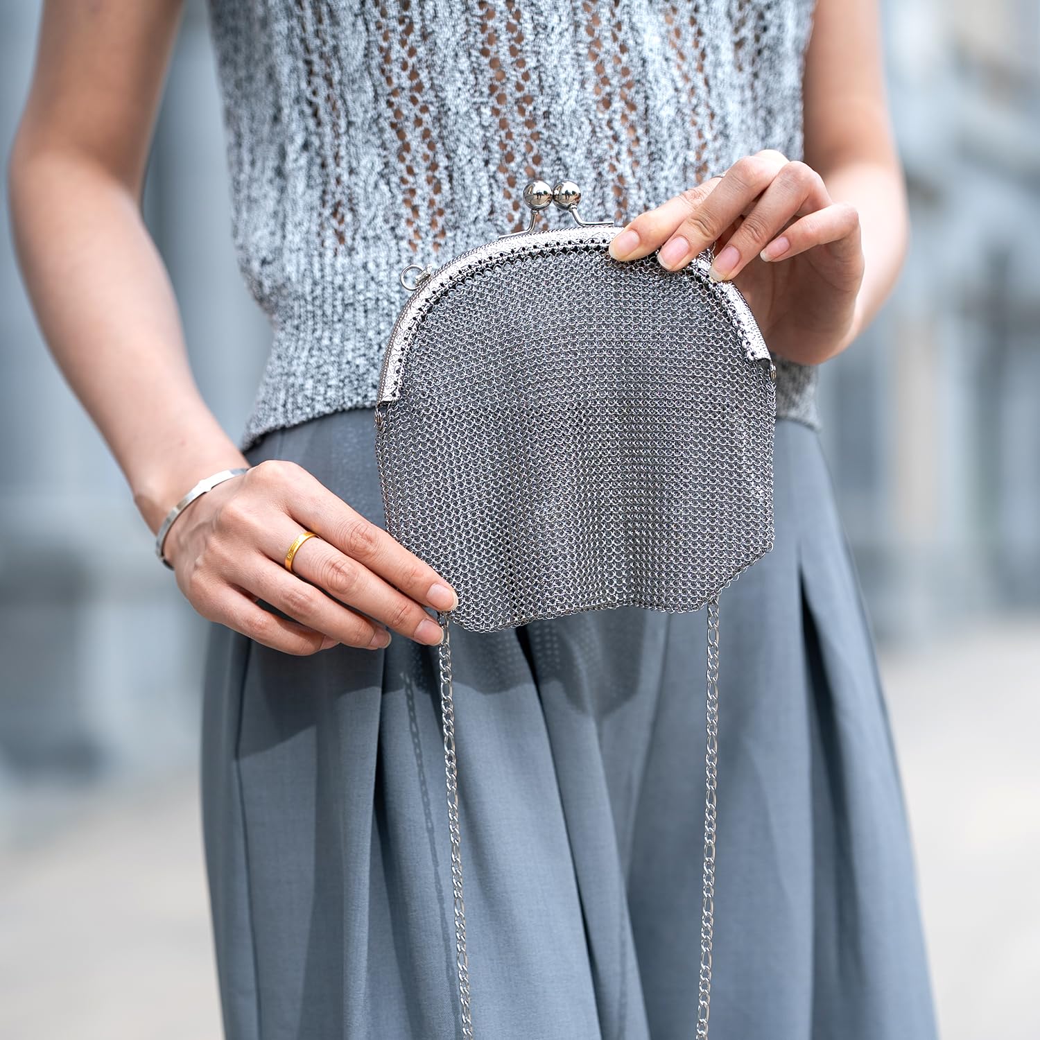 Women's Chainmail Mini Bag – Handmade Metal Mesh Purse, Silver Evening Crossbody Handbag x-chainmail